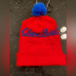 Rare Vintage Chapstick red and blue advertisement beanie with Pom Pom one size